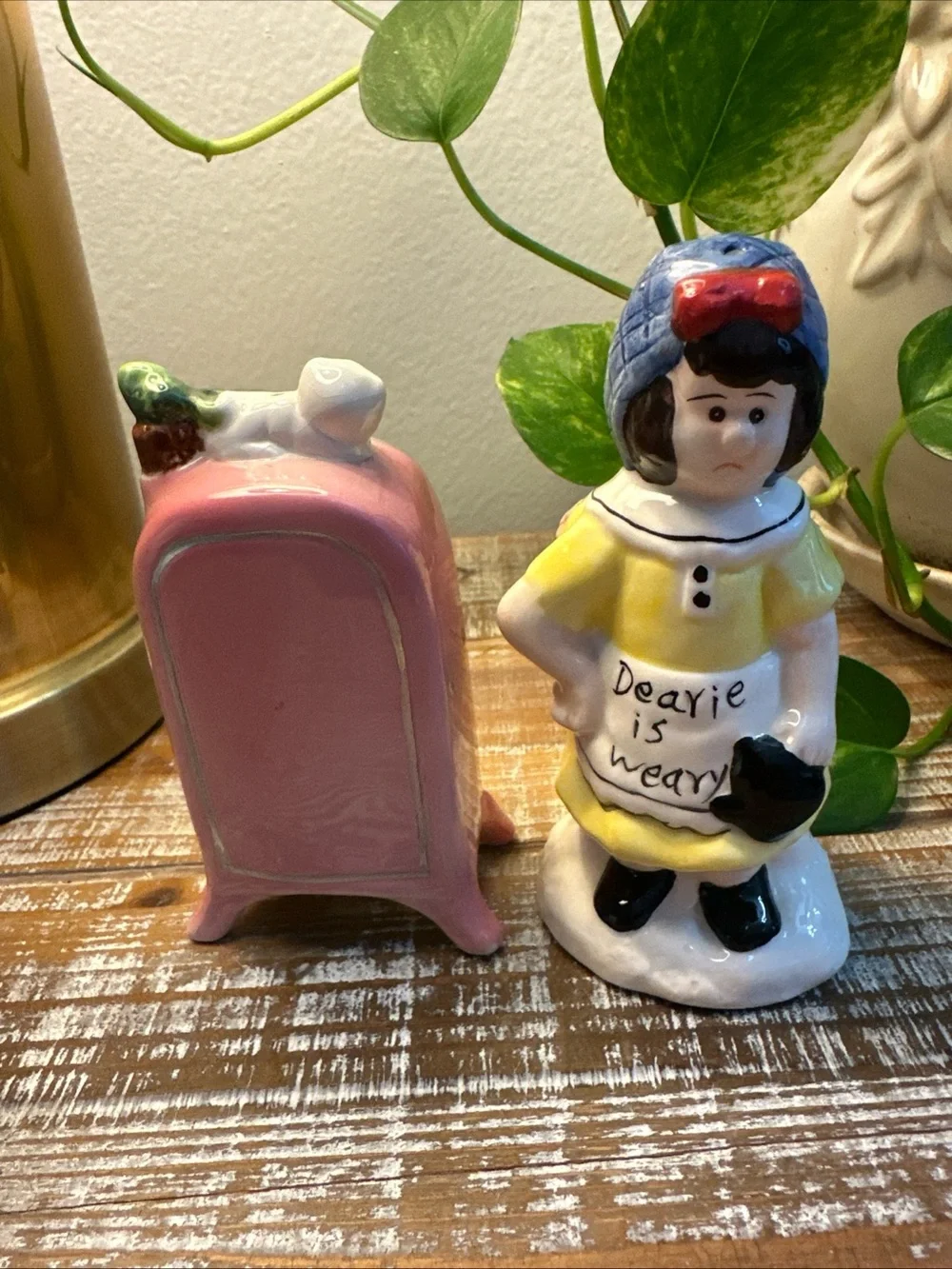 Vintage Dearie Cheery Weary Lady with Refrigerator Salt Pepper Shaker Set